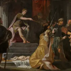 Królowa Saba w dramatycznej scenie z mieczem nad niemowlęciem. Sąd Salomona, gdzie prawda o matce zwycięża.