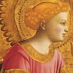 Anioł z rudymi włosami, w różowej szacie, podnosi palec w geście błogosławieństwa. Obraz nawiązuje do modlitwy do archanioła Gabriela.
