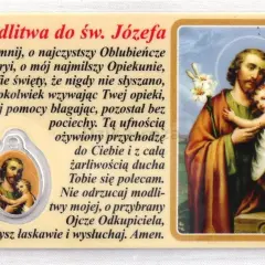 Modlitwa do św. Józefa z wizerunkiem Świętej Rodziny. Obrazek z tekstem modlitwy i medalikiem.