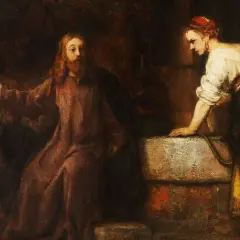 Jezus rozmawia z samarytanką przy studni. W tle tłum ludzi.