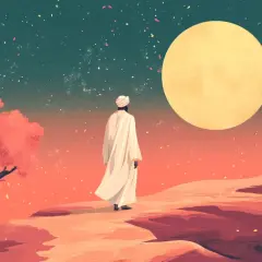 Mężczyzna w białej szacie patrzy na duży, żółty księżyc na tle nocnego nieba.