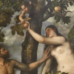 Adam i Ewa w Ogrodzie Eden, sięgają po zakazany owoc. Biblia opowiada tę historię.