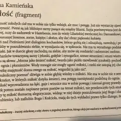 Fragment "Miłość" Anny Kamińskiej. Pieśń nad Pieśniami jako dialog kochanków, opis miłości silnej jak śmierć, nie do ugaszenia.