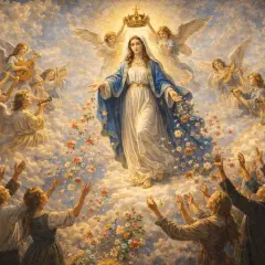 Wniebowzięcie Matki Bożej. Aniołowie grają, a lud wznosi ręce. Jak pieśń czarna madonna, tekst objawienia.