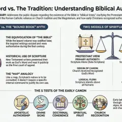 Grafika porównuje protestancką zasadę Sola Scriptura z katolicką tradycją i Magisterium, pokazując biblijną autorytet.