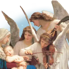 Anioł Gabriel i inni aniołowie grają muzykę dla śpiącego Dzieciątka Jezus i Maryi.