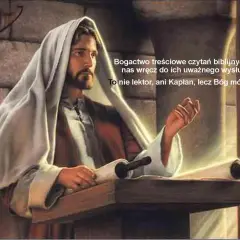 Jezus zwojem w ręku, nauczający. Bogactwo treściowe czytań biblijnych to ewangelia, która zmusza do uważnego słuchania, bo to Bóg mówi do nas.