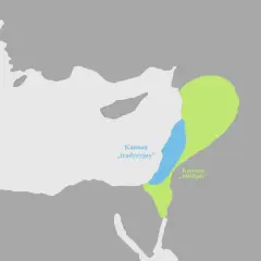 Mapa przedstawia obszar Kanaan, z zaznaczonym tradycyjnym i biblijnym Kanaanem.