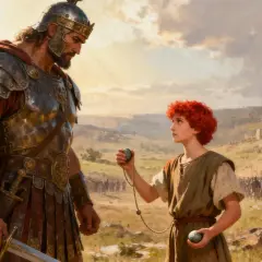 Dawid z proca w dłoni staje naprzeciw Goliatowi. W tle armie.