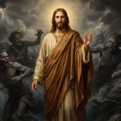 Jezus w otoczeniu demonów, które przypominają faryzeuszy, symbolizując walkę dobra ze złem.
