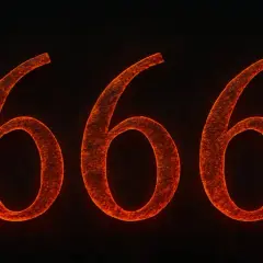 Pomarańczowe, żarzące się cyfry 666 na czarnym tle.