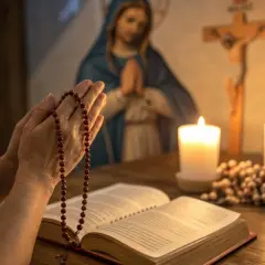 Dłonie trzymające różaniec, modlitwa za konających. W tle Matka Boska, krzyż i świece.
