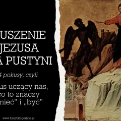 Jezus na pustyni odrzuca pokusy. Obok niego czarny diabeł z rozpostartymi skrzydłami. Obraz symbolizuje walkę duchową.