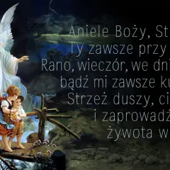 Anioł stróż prowadzi dwoje dzieci przez mostek. Obraz ilustruje modlitwę do anioła stróża.