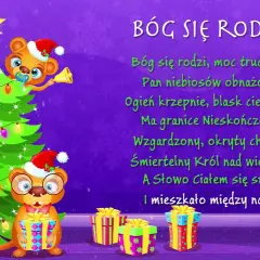 Trzy urocze misie w czapkach Mikołaja przy choince i prezentach. Na ekranie widnieje tekst kolędy "Bóg się rodzi".