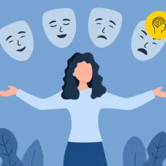 Kobieta z rozłożonymi rękami, otoczona maskami emocji. Symbolizuje walkę z presją społeczną i unikanie pułapki kultu pozorów.