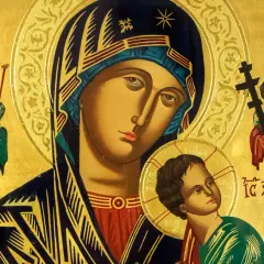 Ikona Matki Bożej z Dzieciątkiem, otoczona aniołami. W tle złoto, symbolizujące boskie światło. Paraklet, pocieszyciel, obecny w tej świętej scenie.