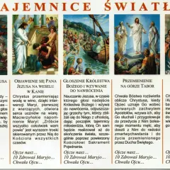 Ilustracje przedstawiają tajemnice różańca czwartek: Chrzest Jezusa, wesele w Kanie, głoszenie Królestwa Bożego, Przemienienie na Górze Tabor i Ustanowienie Eucharystii.