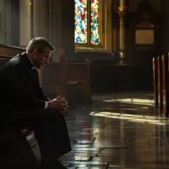 Ksiądz w czarnej sutannie siedzi na ławce w kościele, ze złożonymi rękami i pochyloną głową.