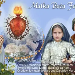 Matka Boża Fatimska, z koroną i różańcem, nad Ziemią, z Sercem Jezusa. Obok dzieci fatimskie i bazylika. Przepowiednia fatimska wzywa do modlitwy.