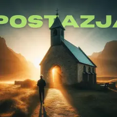 Człowiek idzie w stronę kościoła o zachodzie słońca. Napis "APOSTAZJA?" sugeruje rozważania nad wiarą.