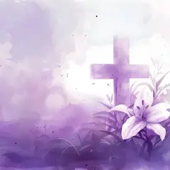 Fioletowy krzyż i lilia na tle akwarelowych chmur. Jak w psalm 86, nadzieja rozkwita.