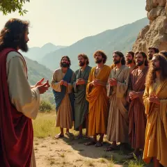 Jezus przemawia do swoich uczniów. Wśród nich są 12 apostołów, słuchający uważnie w górskim krajobrazie.