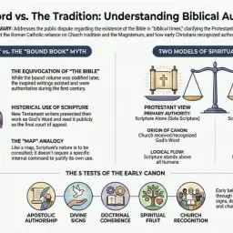 Grafika porównuje protestancką zasadę Sola Scriptura z katolicką tradycją i Magisterium, pokazując biblijną autorytet.