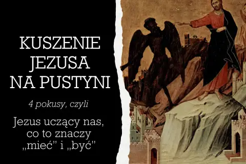 Jezus na pustyni odrzuca pokusy. Obok niego czarny diabeł z rozpostartymi skrzydłami. Obraz symbolizuje walkę duchową.