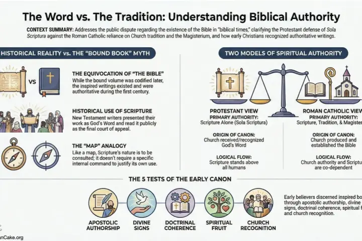 Grafika porównuje protestancką zasadę Sola Scriptura z katolicką tradycją i Magisterium, pokazując biblijną autorytet.