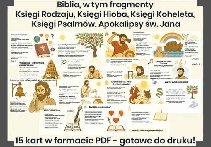 Ilustracja przedstawia streszczenie Biblii, w tym o czym jest Księga Koheleta, z elementami wizualnymi i tekstowymi.