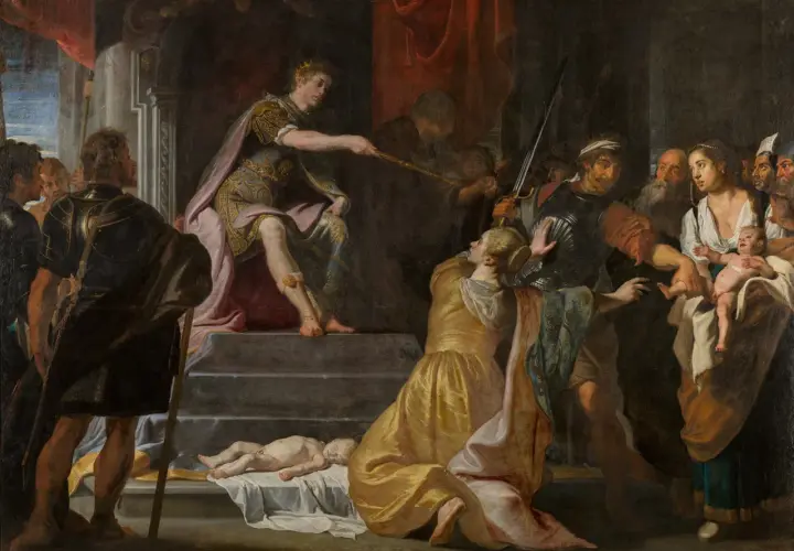 Królowa Saba w dramatycznej scenie z mieczem nad niemowlęciem. Sąd Salomona, gdzie prawda o matce zwycięża.