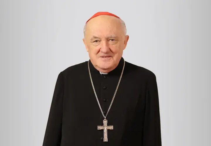 Uśmiechnięty biskup Nycz w czarnej sutannie i czerwonej zucchetto, z krzyżem na szyi.