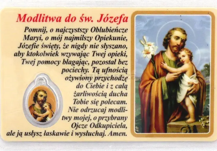 Modlitwa do św. Józefa z wizerunkiem Świętej Rodziny. Obrazek z tekstem modlitwy i medalikiem.
