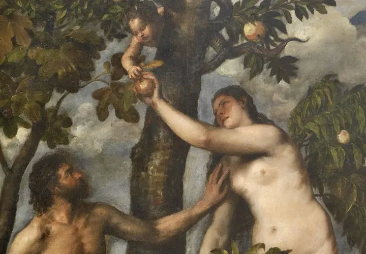 Adam i Ewa w Ogrodzie Eden, sięgają po zakazany owoc. Biblia opowiada tę historię.