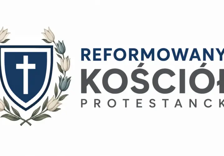 Herb z krzyżem i kwiatami, symbol Reformowanego Kościoła Protestanckiego, odzwierciedla dziedzictwo kalwinizmu.