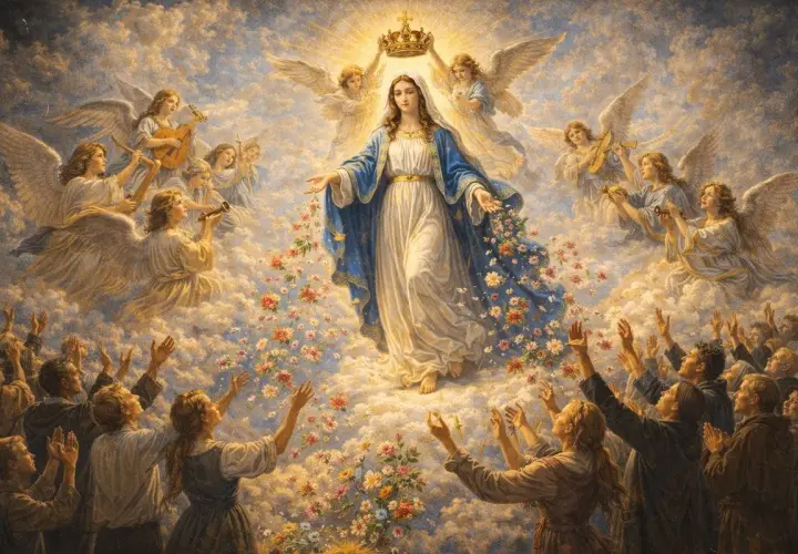 Wniebowzięcie Matki Bożej. Aniołowie grają, a lud wznosi ręce. Jak pieśń czarna madonna, tekst objawienia.
