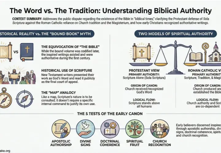 Grafika porównuje protestancką zasadę Sola Scriptura z katolicką tradycją i Magisterium, pokazując biblijną autorytet.