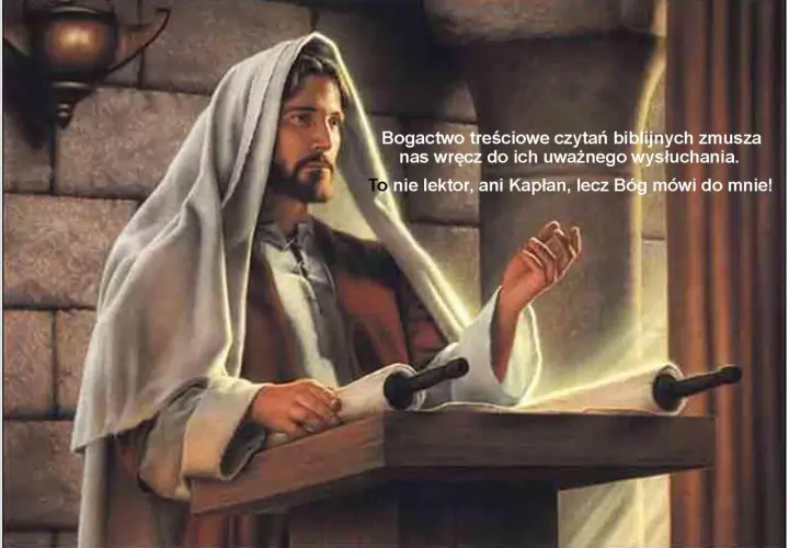 Jezus zwojem w ręku, nauczający. Bogactwo treściowe czytań biblijnych to ewangelia, która zmusza do uważnego słuchania, bo to Bóg mówi do nas.