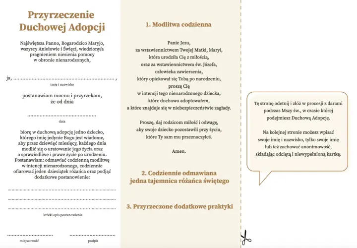 Formularz przyrzeczenia duchowej adopcji dziecka poczętego. Zawiera modlitwę, miejsce na dane i dodatkowe postanowienia.