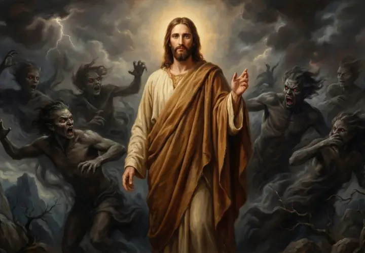 Jezus w otoczeniu demonów, które przypominają faryzeuszy, symbolizując walkę dobra ze złem.