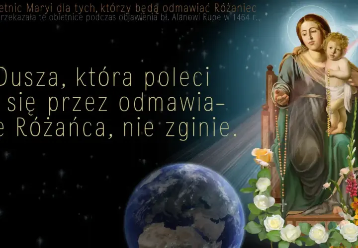 Matka Boża z Dzieciątkiem, otoczona kwiatami i gwiazdami, symbolizuje tajemnice różańca świętego. Obietnica: "Dusza, która poleci mi się przez odmawianie Różańca, nie zginie.