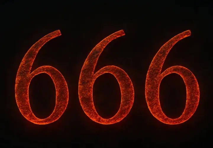 Pomarańczowe, żarzące się cyfry 666 na czarnym tle.