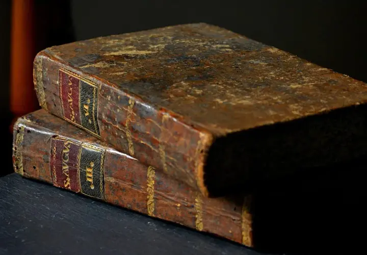 Dwa stare, skórzane tomy, jeden na drugim. Na grzbietach widoczne złote zdobienia i etykiety, jedna z nich zawiera fragment "psalm 15".