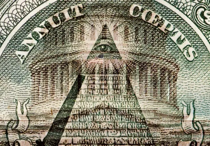 Oko opatrzności na piramidzie, symbol wolnomularstwa, na banknocie jednodolarowym.