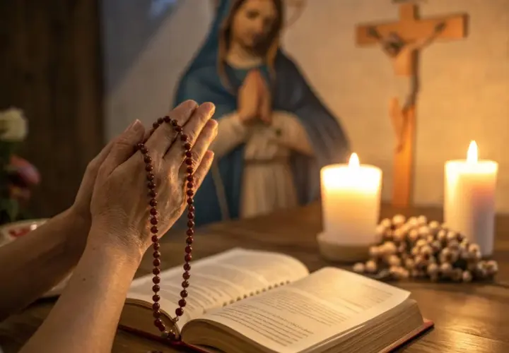 Dłonie trzymające różaniec, modlitwa za konających. W tle Matka Boska, krzyż i świece.