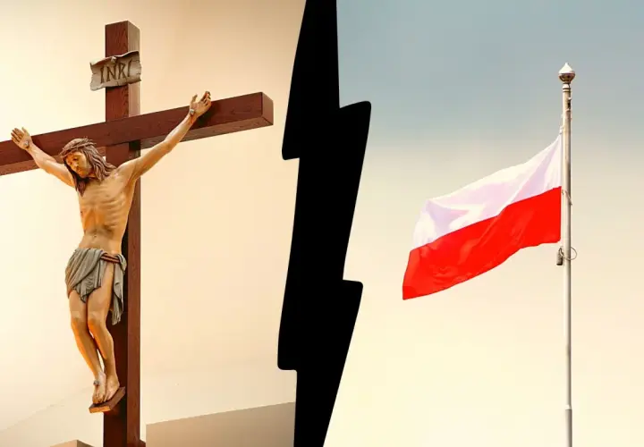 Krzyż z Jezusem i polska flaga. Symbolika religii i narodu.