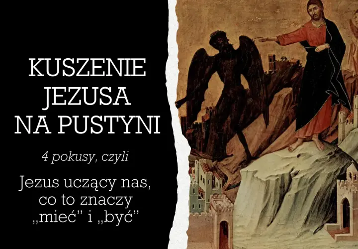 Jezus na pustyni odrzuca pokusy. Obok niego czarny diabeł z rozpostartymi skrzydłami. Obraz symbolizuje walkę duchową.