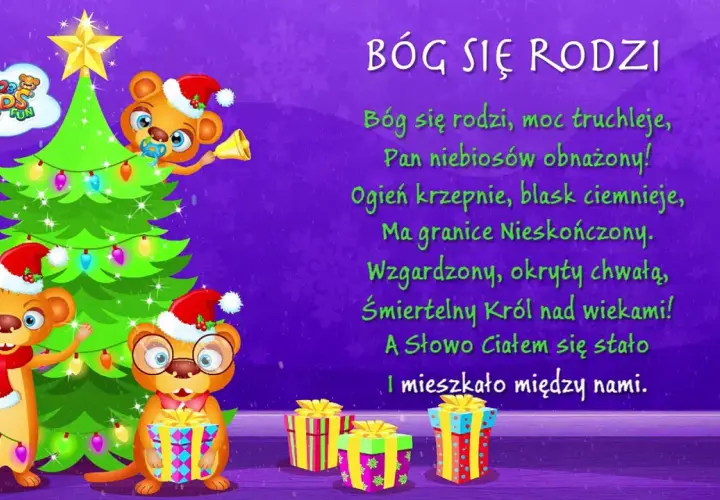 Trzy urocze misie w czapkach Mikołaja przy choince i prezentach. Na ekranie widnieje tekst kolędy "Bóg się rodzi".