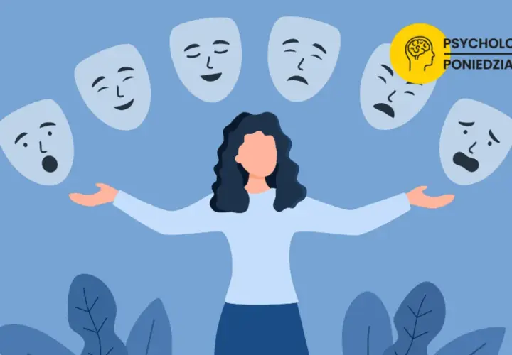 Kobieta z rozłożonymi rękami, otoczona maskami emocji. Symbolizuje walkę z presją społeczną i unikanie pułapki kultu pozorów.